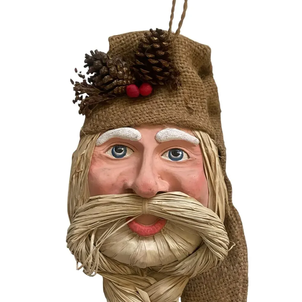 Vintage Wall Hanging Santa with Raffia and Burlap Braided Beard Holiday Decor